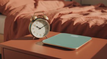 „Wecker zeigt 3 Uhr nachts neben einer Personenwaage auf einem Nachttisch in dunklem Orange"