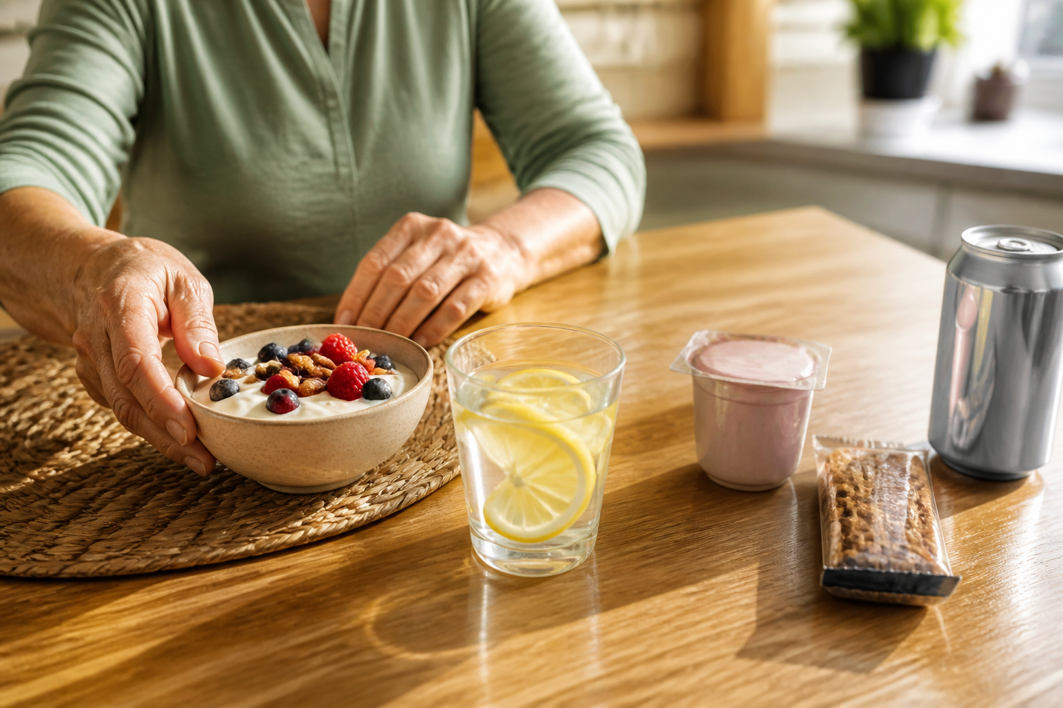Ein Küchentisch mit einer Auswahl an gesunden Austauschprodukten: Naturjoghurt mit Obst, Nüsse und Zitronenwasser, während im Hintergrund leicht verschwommen ungesündere Alternativen stehen.