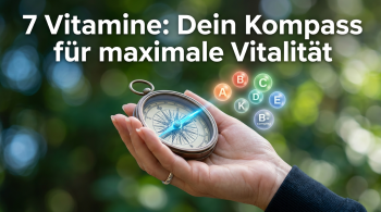 Ein Kompass, der auf eine Gruppe leuchtender Vitaminmoleküle zeigt, gehalten von einer Hand, symbolisiert '7 Fakten über Vitamine' und Orientierung in der Nährstoffwelt.