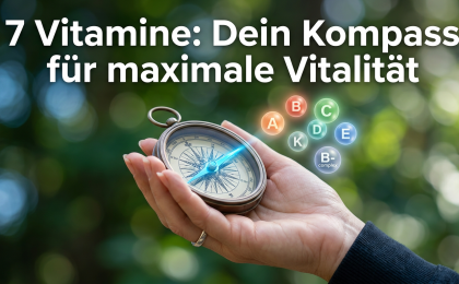Ein Kompass, der auf eine Gruppe leuchtender Vitaminmoleküle zeigt, gehalten von einer Hand, symbolisiert '7 Fakten über Vitamine' und Orientierung in der Nährstoffwelt.