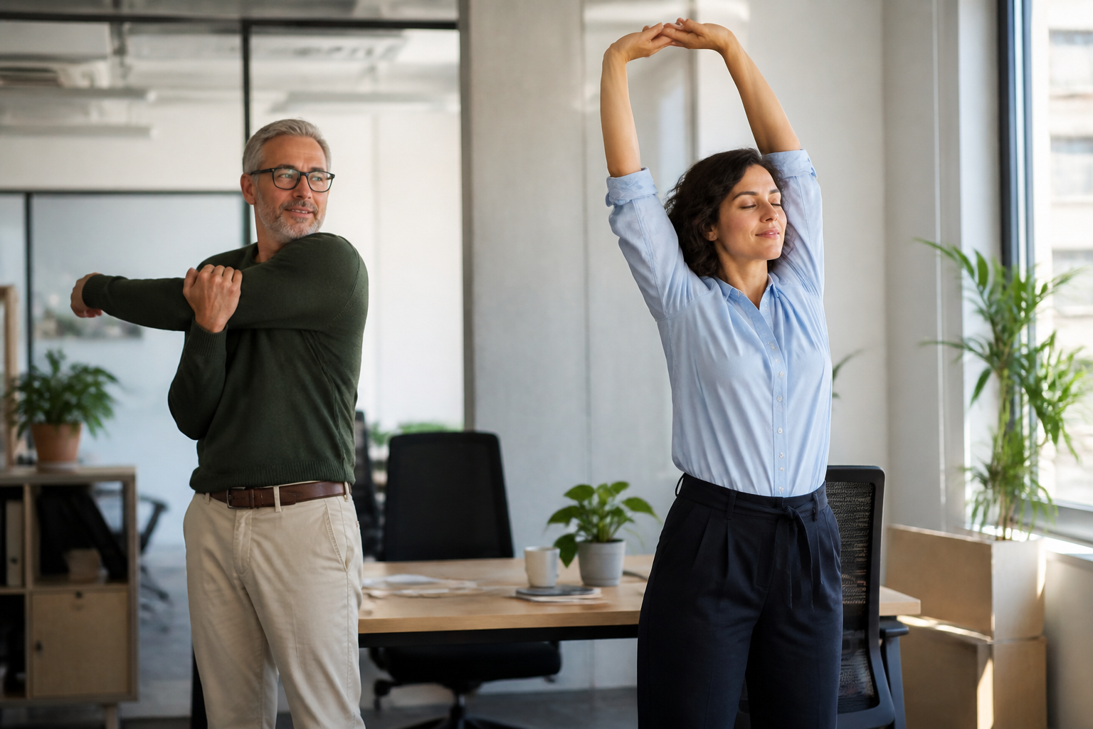 Zwei Kolleg:innen machen gemeinsam eine entspannte Bewegungspause im Büro, einer lockert Schultern und Nacken, der andere streckt sich, symbolisiert Bewegung im Büroalltag.