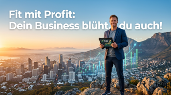 Ein junger Unternehmer, auf einem Berg stehend, der ein Tablet mit der Aufschrift 'Fit mit Profit' hält und den finanziellen und persönlichen Erfolg symbolisiert.