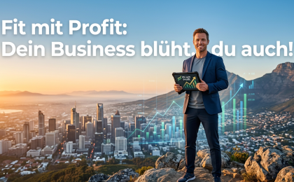 Ein junger Unternehmer, auf einem Berg stehend, der ein Tablet mit der Aufschrift 'Fit mit Profit' hält und den finanziellen und persönlichen Erfolg symbolisiert.