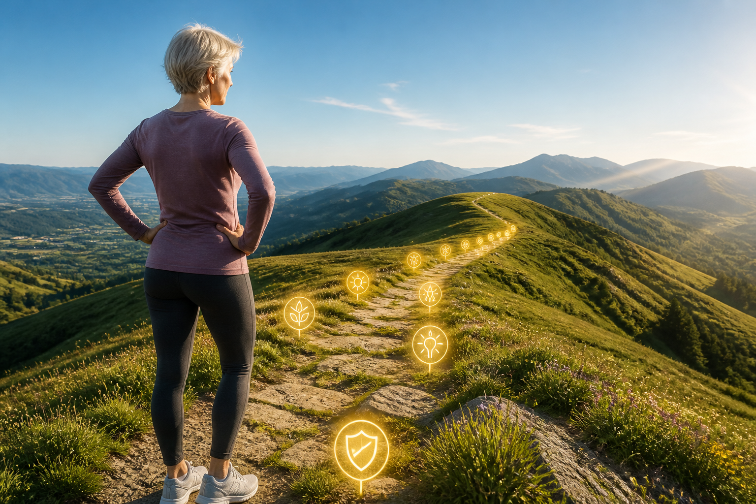7 Fakten über Vitamine: Eine elegante Frau blickt auf einen klaren, mit leuchtenden Vitaminsymbolen gesäumten Pfad, der ihren personalisierten Vitamin-Fahrplan darstellt und inspiriert.