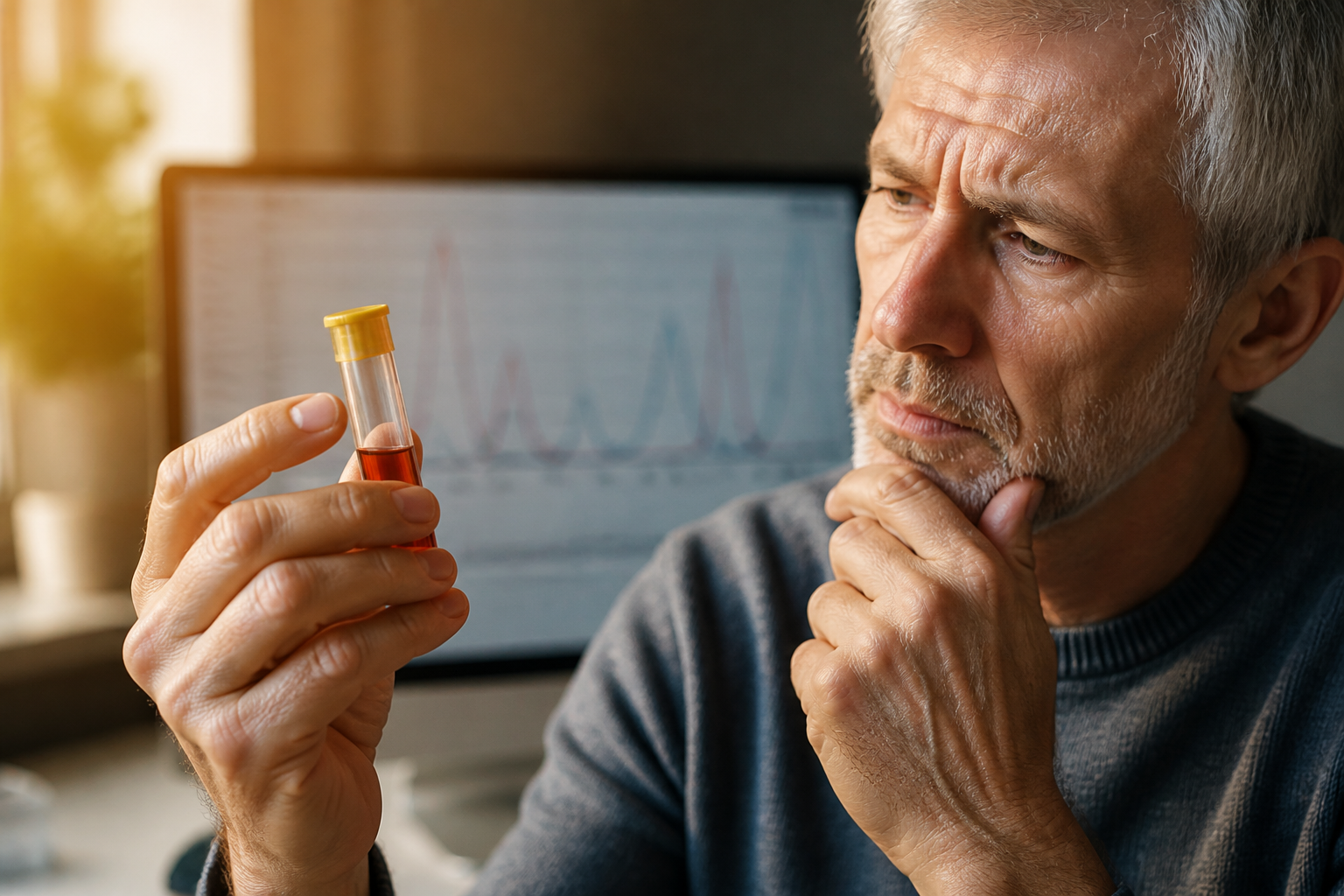7 Fakten über Vitamine: Eine ältere Hand hält nachdenklich ein Reagenzglas gegen das Licht, im Hintergrund ein Bildschirm mit medizinischen Daten, symbolisiert die Herausforderungen der Vitamin-D-Messung.