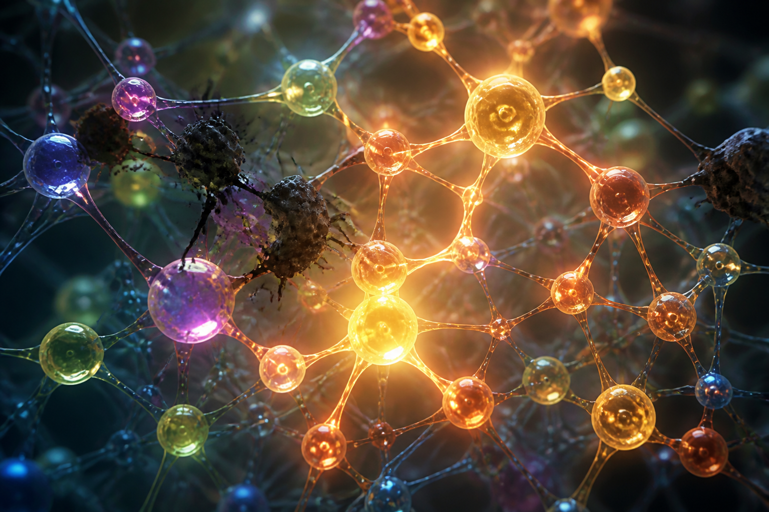 Ein abstraktes Netzwerk aus leuchtenden Fäden und Knoten, die sich gegenseitig beeinflussen, symbolisiert die synergistischen und antagonistischen Wechselwirkungen von Vitaminen.
