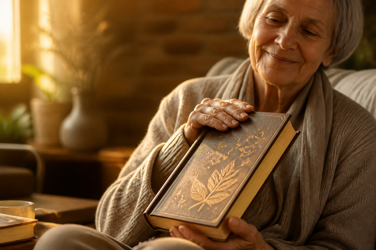 Eine weise Person schließt mit einem zufriedenen Lächeln ein wertvolles Buch, symbolisiert das Fazit und die gewonnenen Erkenntnisse über Vitamine.