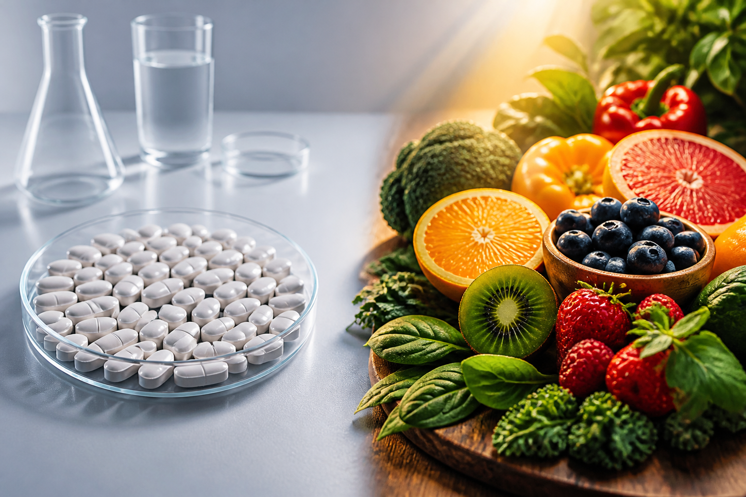 7 Fakten über Vitamine: Stillleben mit sterilen synthetischen Vitaminpillen auf der einen und frischem Obst und Gemüse auf der anderen Seite, verdeutlicht den Unterschied zwischen synthetischen und natürlichen Vitaminen.